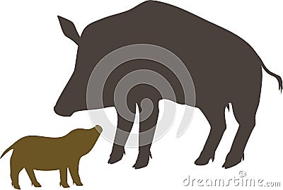 Silhouettes of European wild boar Sus scrofa with piglet Vector Illustration